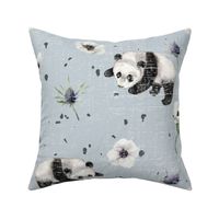 pandas and white roses on blue linen