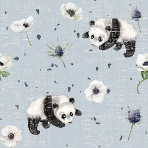 pandas and white roses on blue linen