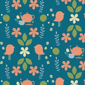 Scandi birds and tea pots on teal floral