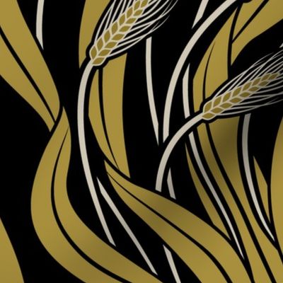 Waving Wheat Fields - Neo Art Deco - black and yellow ochre - extra large scale