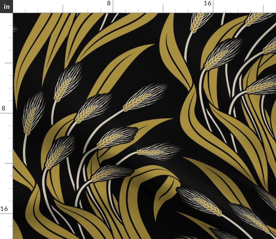 Waving Wheat Fields - Neo Art Deco - black and yellow ochre - extra large scale