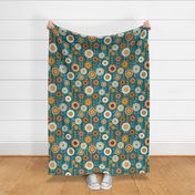 Pumpkin Spice, Folksy Floral / Folk Art / Teal / Autumn / Large