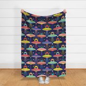 Intergalactic Cats Extra Large- Vintage 80s Arcade- Space Cat- UFO- Multicolored with Navy Blue Background- Jumbo Scale- Bright Kid's Wallpaper- Novelty Children Home Decor