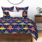 Intergalactic Cats Extra Large- Vintage 80s Arcade- Space Cat- UFO- Multicolored with Navy Blue Background- Jumbo Scale- Bright Kid's Wallpaper- Novelty Children Home Decor