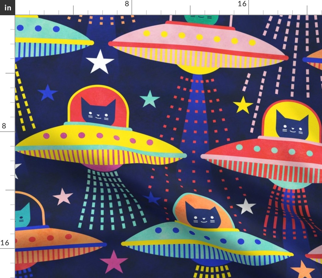 Intergalactic Cats Extra Large- Vintage 80s Arcade- Space Cat- UFO- Multicolored with Navy Blue Background- Jumbo Scale- Bright Kid's Wallpaper- Novelty Children Home Decor