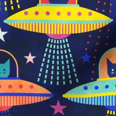 Intergalactic Cats Large- Vintage 80s Arcade- Space Cat- UFO- Multicolored with Navy Blue Background- Bright Kid's Wallpaper- Novelty Children Home Decor