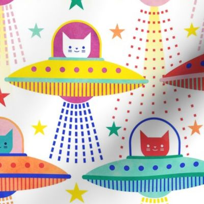 Intergalactic Cats Medium- Vintage 80s Arcade- Space Cat- UFO- Multicolored with Navy Blue Background- Novelty