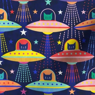 Intergalactic Cats Small- Vintage 80s Arcade- Space Cat- UFO- Multicolored with Navy Blue Background- Small Scale- Kid's Face Mask- Novelty Children