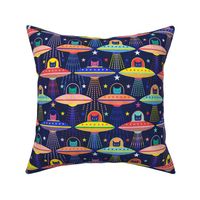 Intergalactic Cats Small- Vintage 80s Arcade- Space Cat- UFO- Multicolored with Navy Blue Background- Small Scale- Kid's Face Mask- Novelty Children