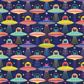 Vetor de Cosmic background. UFO, alien in love seamless pattern in doodle  style. Children's contour illustrations with Flying Saucers. Print sample  for fabric, wallpaper do Stock