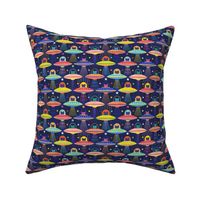 Intergalactic Cats Mini- Vintage 80s Arcade- Space Cat- UFO- Multicolored with Navy Blue Background- Small Scale- Kid's Face Mask- Novelty Children