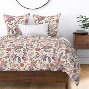 Indian Floral Design Large Print pink, blue, red, gold on cream