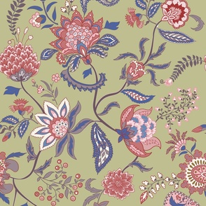 Classic Indian Floral Design in soft tones pink, green, blue, gold, cream