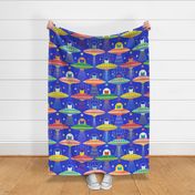 Intergalactic Cats Extra Large- Vintage 80s Arcade- Space Cat- UFO- Multicolored with Royal Blue Background- Jumbo Scale- Bright Kid's Wallpaper- Novelty Children Home Decor