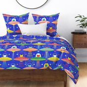 Intergalactic Cats Extra Large- Vintage 80s Arcade- Space Cat- UFO- Multicolored with Royal Blue Background- Jumbo Scale- Bright Kid's Wallpaper- Novelty Children Home Decor