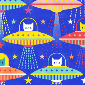 Intergalactic Cats Extra Large- Vintage 80s Arcade- Space Cat- UFO- Multicolored with Royal Blue Background- Jumbo Scale- Bright Kid's Wallpaper- Novelty Children Home Decor