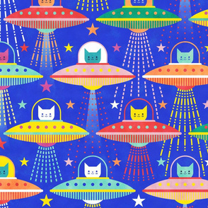 Intergalactic Cats Large- Vintage 80s Arcade- Space Cat- UFO- Multicolored with Royal Blue Background- Bright Kid's Wallpaper- Novelty Children Home Decor