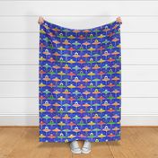 Intergalactic Cats Medium- Vintage 80s Arcade- Space Cat- UFO- Multicolored with Royal Blue Background- Novelty
