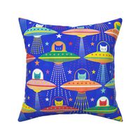 Intergalactic Cats Medium- Vintage 80s Arcade- Space Cat- UFO- Multicolored with Royal Blue Background- Novelty