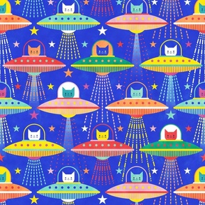 Intergalactic Cats Medium- Vintage 80s Arcade- Space Cat- UFO- Multicolored with Royal Blue Background- Novelty