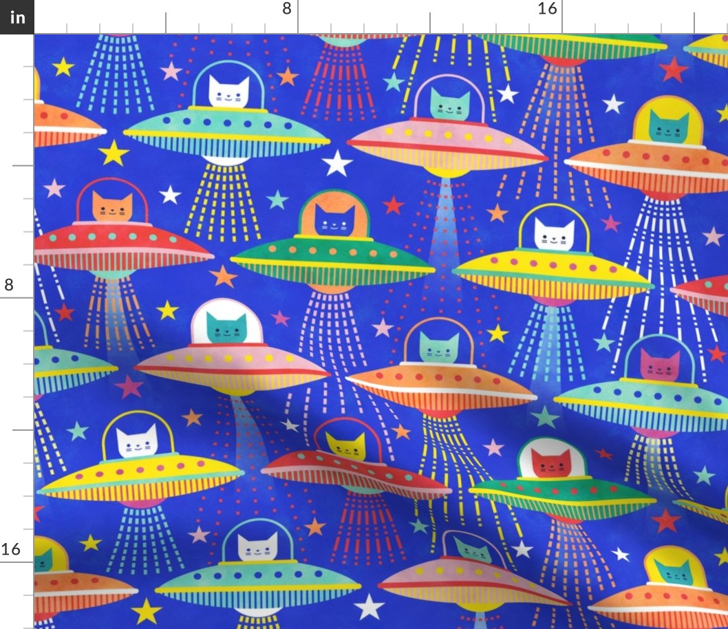 Intergalactic Cats Medium- Vintage 80s Arcade- Space Cat- UFO- Multicolored with Royal Blue Background- Novelty