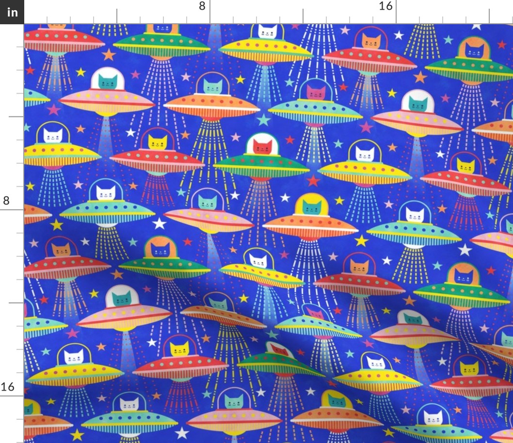 Intergalactic Cats Small- Vintage 80s Arcade- Space Cat- UFO- Multicolored with Royal Blue Background- Small Scale- Kid's Face Mask- Novelty Children