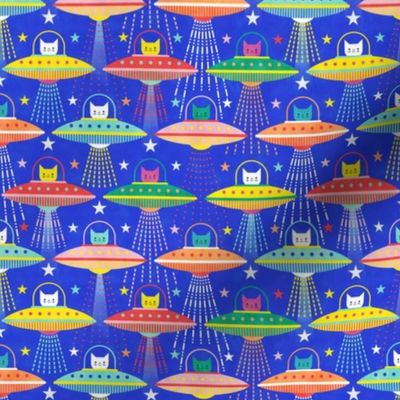 Intergalactic Cats Mini- Vintage 80s Arcade- Space Cat- UFO- Multicolored with Royal Blue Background- Small Scale- Kid's Face Mask- Novelty Children