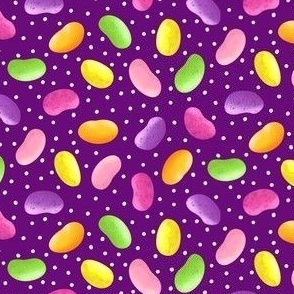 Colorful Jelly Beans on Purple with White Polka Dots