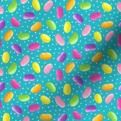 Colorful Jellybeans on Turquoise with White Polka Dots