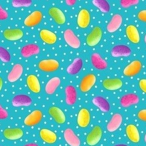 Colorful Jellybeans on Turquoise with White Polka Dots