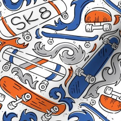 Sk8 Blue Orange and Grey Skateboards and Flames