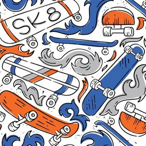 Sk8 Blue Orange and Grey Skateboards and Flames