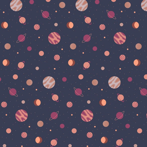 Retro Planets in Purple Mauve Pink Peach Galaxy Stars Moon Space