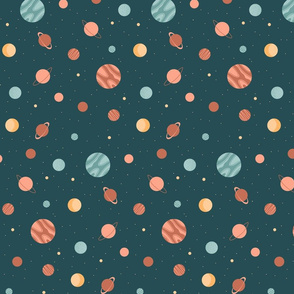 Planets Retro Boho in Teal Peach Blue Green Space Galaxy Stars Moon Astronomy