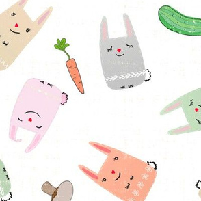 ditsy bunny and veggies - pastels on white