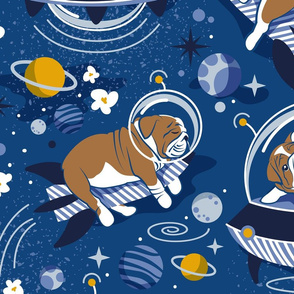 Large jumbo scale // Intergalactic doggie dreams // classic blue background white and bronze English Bulldogs goldenrod yellow denim and pastel blue planets and space ships 