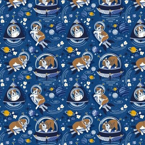Tiny scale // Intergalactic doggie dreams // classic blue background white and bronze English Bulldogs goldenrod yellow denim and pastel blue planets and space ships 