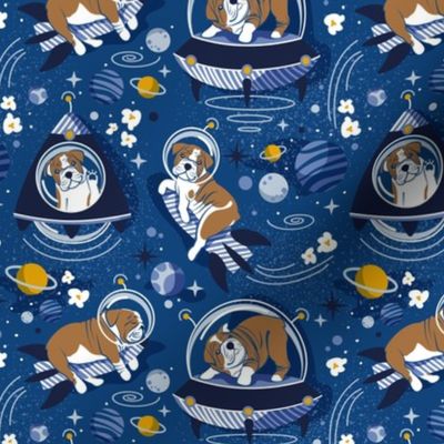 Small scale // Intergalactic doggie dreams // classic blue background white and bronze English Bulldogs goldenrod yellow denim and pastel blue planets and space ships 