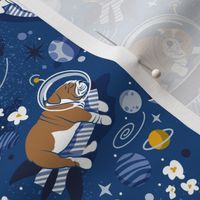 Small scale // Intergalactic doggie dreams // classic blue background white and bronze English Bulldogs goldenrod yellow denim and pastel blue planets and space ships 