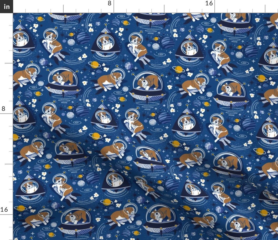 Small scale // Intergalactic doggie dreams // classic blue background white and bronze English Bulldogs goldenrod yellow denim and pastel blue planets and space ships 