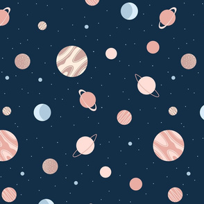 Retro Planets in Dark Blue Dusty Pink Gender Neutral Beige Space Stars Moon Galaxy 