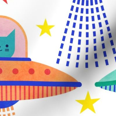 Intergalactic Cats Extra Large- Vintage 80s Arcade- Space Cat- UFO- Multicolored with White Background- Jumbo Scale- Bright Kid's Wallpaper- Novelty Children Home Decor