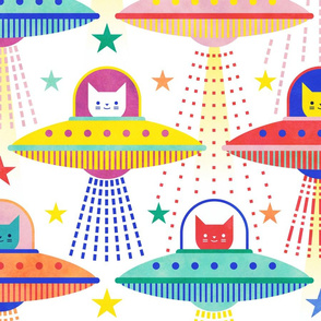 Intergalactic Cats Extra Large- Vintage 80s Arcade- Space Cat- UFO- Multicolored with White Background- Jumbo Scale- Bright Kid's Wallpaper- Novelty Children Home Decor