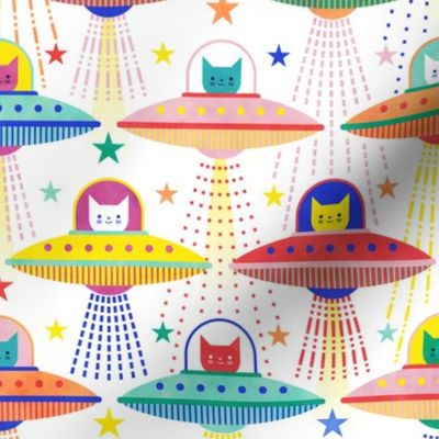 Intergalactic Cats Small- Vintage 80s Arcade- Space Cat- UFO- Multicolored with White Background- Small Scale- Kid's Face Mask- Novelty Children