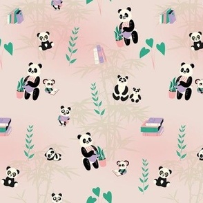 Panda bears  reading books  (or playful pink pandas and jolabokaflod)