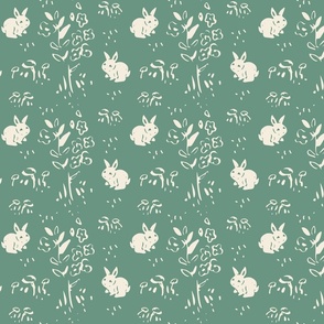 Woodland bunnies _ green and off white _ small scale 