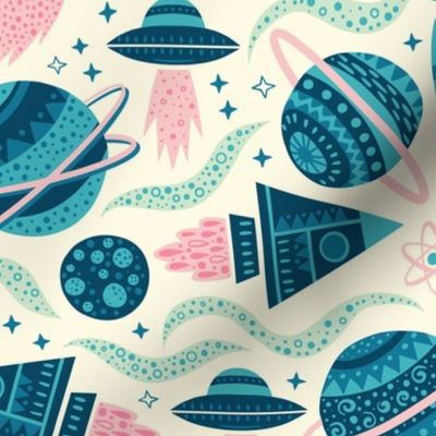 Rockets Planets Space - Medium Scale Blue Pink Mint Cream