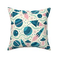 Rockets Planets Space - Medium Scale Blue Pink Mint Cream