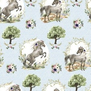 6" Royal Floral Horses Rain Blue Background