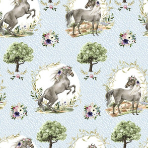 14" Royal Floral Horses Rain Blue Background